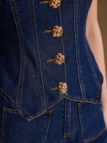 MOTF Petite WOMEN'S SPRING/SUMMER METAL BUTTON DENIM VEST AND JEANS 2 PIECES SET - Blue - View 2