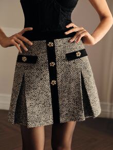 MOTF Petite TWEED & VELVET PATCHWORK PLEATED SKIRT, AUTUMN/WINTER ,PETITE WOMEN - Black - View 5