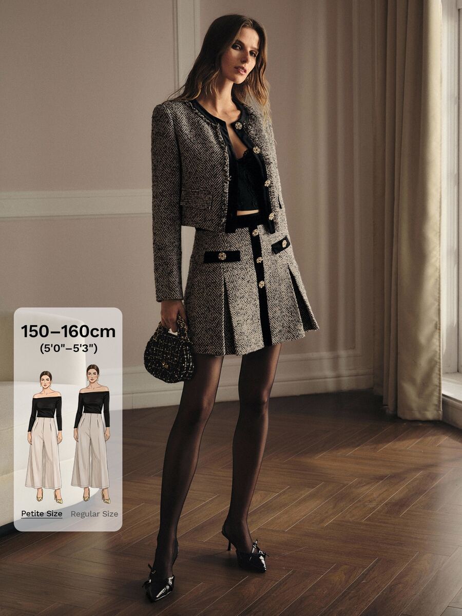 MOTF Petite TWEED & VELVET PATCHWORK PLEATED SKIRT, AUTUMN/WINTER ,PETITE WOMEN - Black - View 1