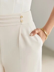 MOTF Petite AUTUMN/WINTER WAIST BUTTON DECOR TAPERED ANKLE PANTS ,PETITE WOMEN - Beige - View 2
