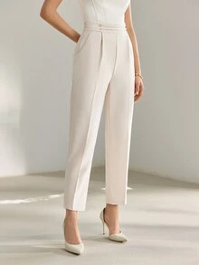 MOTF Petite AUTUMN/WINTER WAIST BUTTON DECOR TAPERED ANKLE PANTS ,PETITE WOMEN - Beige - View 4