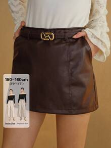 MOTF Petite WOMEN'S AUTUMN/WINTER PU LEATHER SKORT WITH SLANT POCKET AND BELT ,PETITE WOMEN - Coffee Brown - View 1