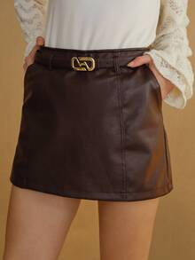 MOTF Petite WOMEN'S AUTUMN/WINTER PU LEATHER SKORT WITH SLANT POCKET AND BELT ,PETITE WOMEN - Coffee Brown - View 8