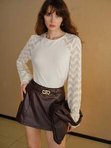 MOTF Petite WOMEN'S AUTUMN/WINTER PU LEATHER SKORT WITH SLANT POCKET AND BELT ,PETITE WOMEN - Coffee Brown - View 7