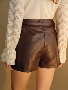 MOTF Petite WOMEN'S AUTUMN/WINTER PU LEATHER SKORT WITH SLANT POCKET AND BELT ,PETITE WOMEN - Coffee Brown - View 5