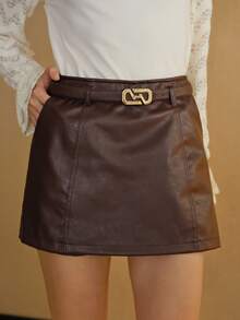 MOTF Petite WOMEN'S AUTUMN/WINTER PU LEATHER SKORT WITH SLANT POCKET AND BELT ,PETITE WOMEN - Coffee Brown - View 6