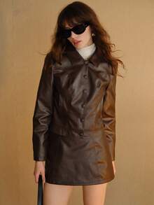 MOTF Petite WOMEN'S AUTUMN/WINTER PU LEATHER SKORT WITH SLANT POCKET AND BELT ,PETITE WOMEN - Coffee Brown - View 4