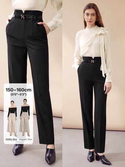 MOTF Petite HIGH WAIST PU BELT DECOR STRAIGHT LEG PANTS