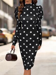 Editum Women's French Style Vintage 70s Retro Retro 70s Elegant Versatile Black And White Polka Dot Petal Sleeve Dress Dinner Work Office Autumn - Black and White - View 4