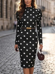 Editum Women's French Style Vintage 70s Retro Retro 70s Elegant Versatile Black And White Polka Dot Petal Sleeve Dress Dinner Work Office Autumn - Black and White - View 3