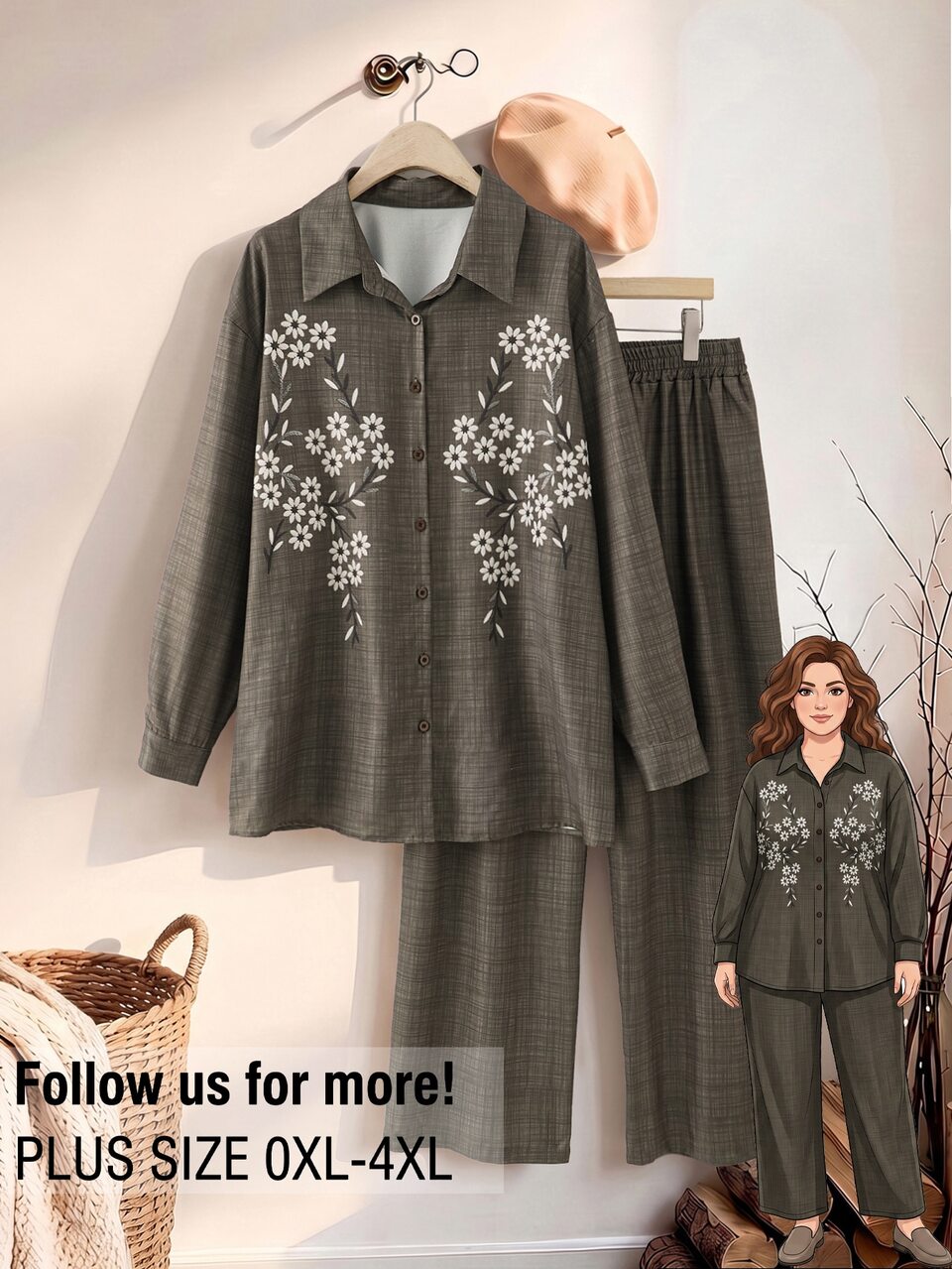 Plus Size Women Floral Print Long Sleeve Top And Pants 2 Pieces Set