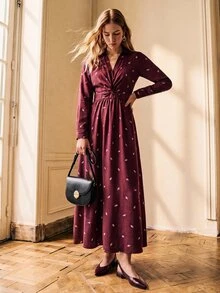 Écloséra 女款優雅浪漫休閒日常早午餐茶會正式花卉圖案長袖V領酒紅色長洋裝，秋季復古復古風，外出穿搭 - 棕色 - 查看 5