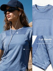 WanderVale Women's Round Neck Casual Versatile Daily Wear Sports Short Sleeve T-Shirt,Sportswear,Clothes,Gym - Blue - View 4