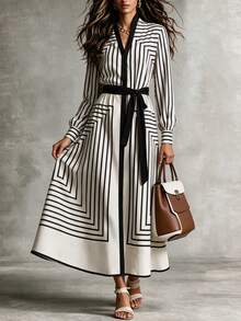 SHEIN Women's Striped Colorblock Casual Daily Summer Dress - Black and White - View 4