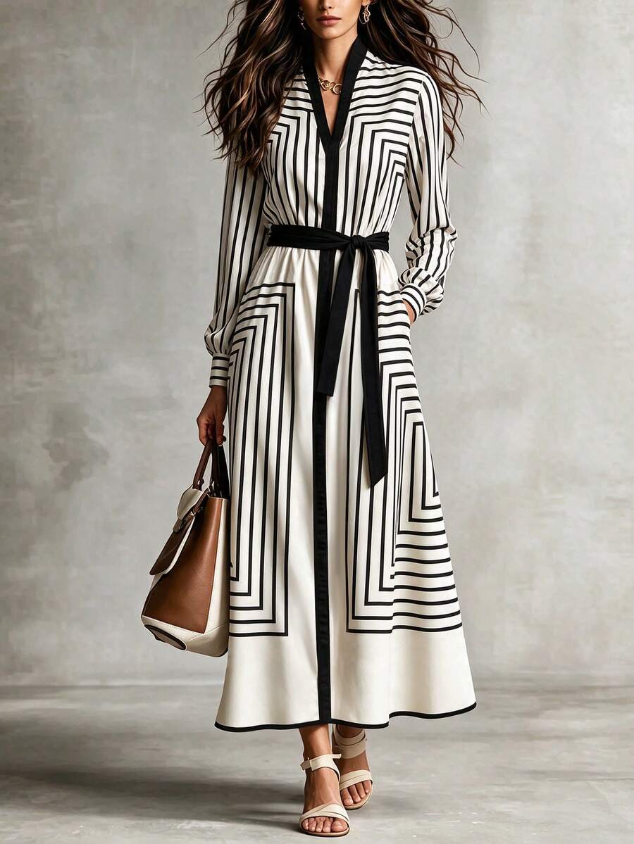 SHEIN Women's Striped Colorblock Casual Daily Summer Dress - Black and White - View 1