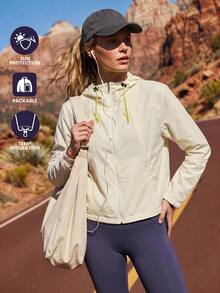 WanderVale Women's Minimalist Zipper Front Long Sleeve Hooded Sun Protection Top,Sportswear,Clothes,Gym - Beige - View 9
