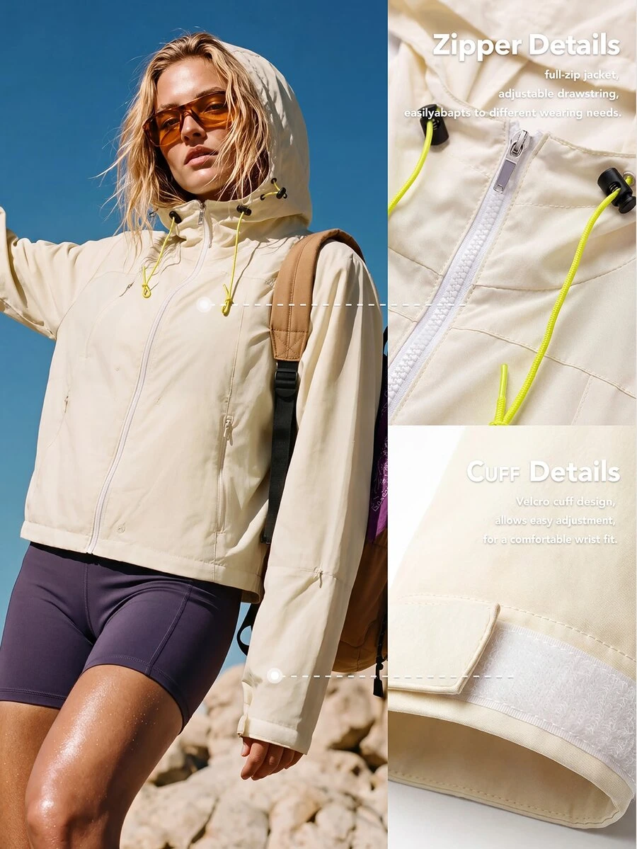 WanderVale Women's Minimalist Zipper Front Long Sleeve Hooded Sun Protection Top,Sportswear,Clothes,Gym - Beige - View 1