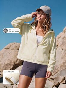 WanderVale Women's Minimalist Zipper Front Long Sleeve Hooded Sun Protection Top,Sportswear,Clothes,Gym - Beige - View 4