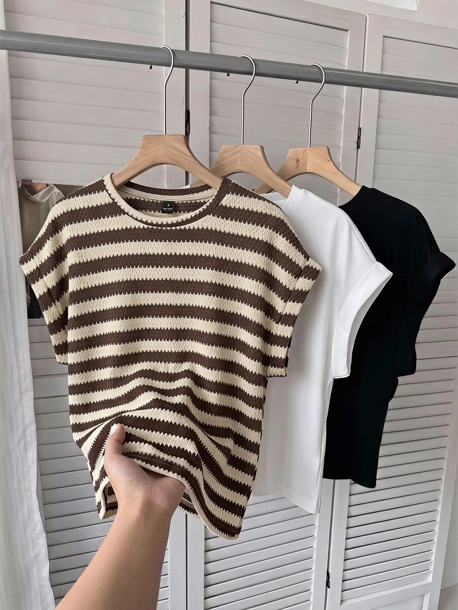 SHEIN LUNE Women's Casual Round Neck Raglan Sleeve Short T-Shirt 3pcs Set Suitable For Spring And Summer - Multicolor - View 1