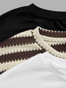 SHEIN LUNE Women's Casual Round Neck Raglan Sleeve Short T-Shirt 3pcs Set Suitable For Spring And Summer - Multicolor - View 4