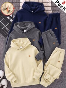 SHEIN 3件組 青少年男孩秋冬休閒百搭抓絨內裡鬆緊腰運動長褲 兒童慢跑褲 多件組 - 彩色 - 查看 4