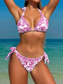 Swim Vcay Women's V-Neck Tie-Neck BOHO Floral Bikini Set, Vacation Style For Summer - Hot Pink - View 5