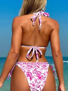 Swim Vcay Women's V-Neck Tie-Neck BOHO Floral Bikini Set, Vacation Style For Summer - Hot Pink - View 2