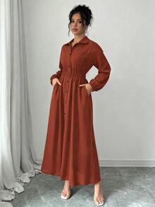 Elenzga 女士纯色长袖单排扣休闲长款衬衫裙，适合春秋季穿着，也适合春、夏、秋、冬四季穿着，休闲场合包括下午茶、派对、感恩节、返校季、乡村音乐节、商务休闲等。 - 鏽棕色 - 查看 5