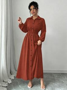 Elenzga 女士纯色长袖单排扣休闲长款衬衫裙，适合春秋季穿着，也适合春、夏、秋、冬四季穿着，休闲场合包括下午茶、派对、感恩节、返校季、乡村音乐节、商务休闲等。 - 鏽棕色 - 查看 6