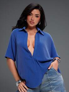 Denimoi Plunge Neck Collared Oversized Short Sleeve Tee - Blue - View 3
