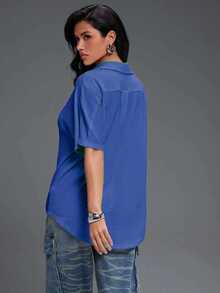 Denimoi Plunge Neck Collared Oversized Short Sleeve Tee - Blue - View 2