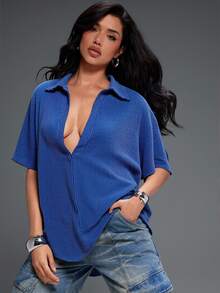 Denimoi Plunge Neck Collared Oversized Short Sleeve Tee - Blue - View 1