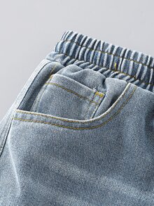 Denimly 青少年男孩復古寬鬆寬腿牛仔褲 破舊水洗彈性腰帶 休閒街頭風 街頭時尚 畢業季 開學季 - 中等水洗藍 - 查看 6