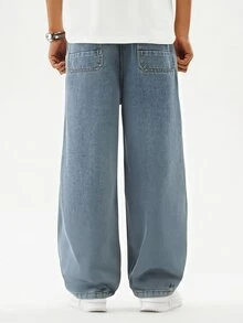 Denimly 青少年男孩復古寬鬆寬腿牛仔褲 破舊水洗彈性腰帶 休閒街頭風 街頭時尚 畢業季 開學季 - 中等水洗藍 - 查看 3