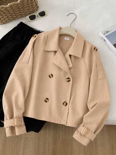 SHEIN Sparklyn Tween Girls Zip Up 1pc British Academy Style Classic Brown Short Trench Coat Jacket Double-Breasted Lapel Long Sleeve Preppy Western School