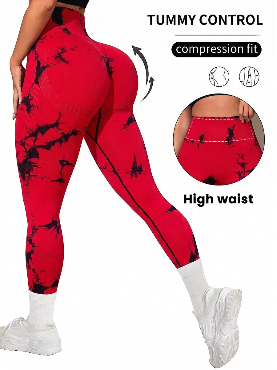 SHEIN Core Rhythm 扎染宽腰运动紧身裤瑜伽女裤 - 彩色 - 查看 1
