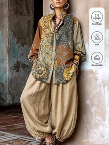 LanaWest Spring/Autumn Bohemian Boho Patchwork Print Single-Breasted Shirt Drapey Faux Linen Tapered Wide Leg Pants Vacation Set Vacation Brown Shades Of Brown - Multicolor - View 6