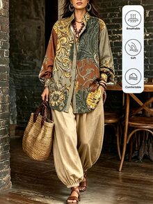 LanaWest Spring/Autumn Bohemian Boho Patchwork Print Single-Breasted Shirt Drapey Faux Linen Tapered Wide Leg Pants Vacation Set Vacation Brown Shades Of Brown - Multicolor - View 7