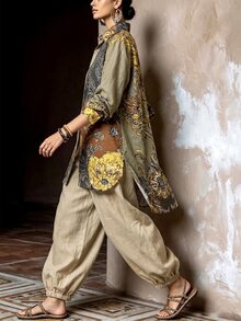 LanaWest Spring/Autumn Bohemian Boho Patchwork Print Single-Breasted Shirt Drapey Faux Linen Tapered Wide Leg Pants Vacation Set Vacation Brown Shades Of Brown - Multicolor - View 5