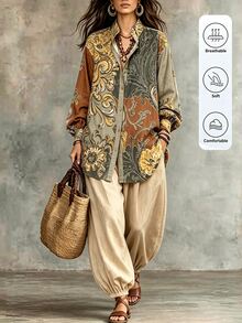 LanaWest Spring/Autumn Bohemian Boho Patchwork Print Single-Breasted Shirt Drapey Faux Linen Tapered Wide Leg Pants Vacation Set Vacation Brown Shades Of Brown - Multicolor - View 1