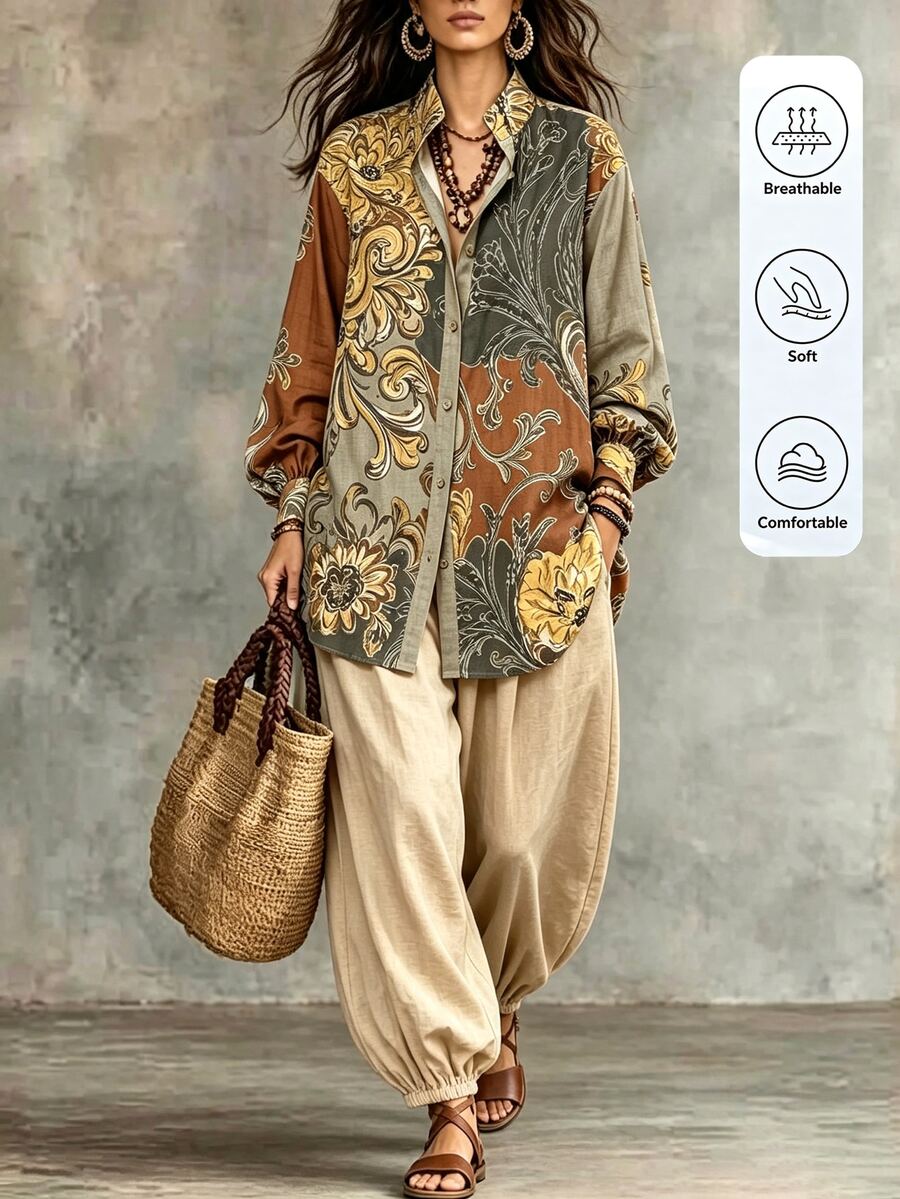 LanaWest Spring/Autumn Bohemian Boho Patchwork Print Single-Breasted Shirt Drapey Faux Linen Tapered Wide Leg Pants Vacation Set Vacation Brown Shades Of Brown - Multicolor - View 1