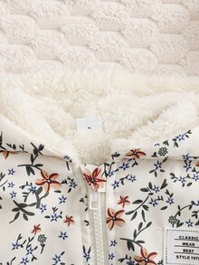 SHEIN Vintaside Kids 女嬰連帽拉鍊外套，滿版花卉印花配標籤裝飾，厚抓絨內裡，適合戶外出遊，秋冬米色牛仔女孩風 - 彩色 - 查看 5