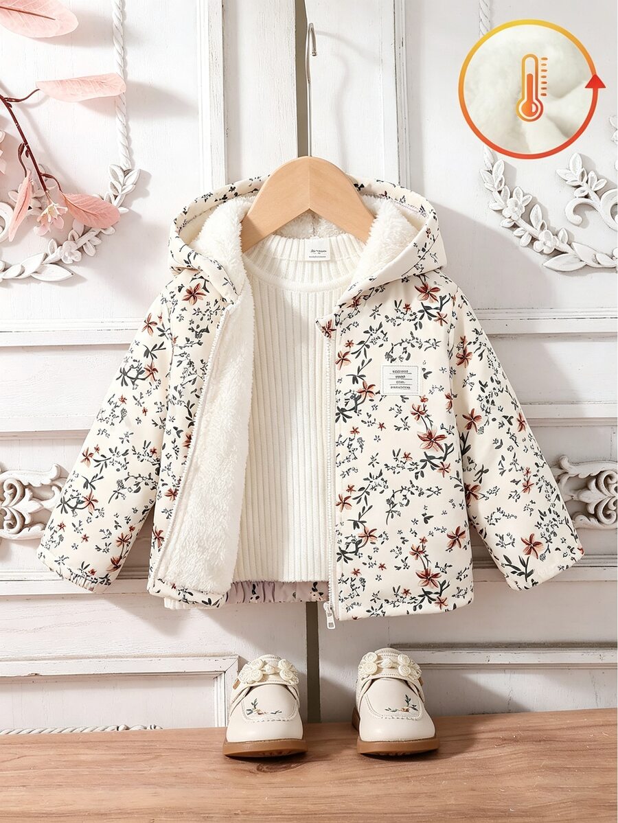 SHEIN Vintaside Kids 女嬰連帽拉鍊外套,滿版花卉印花配標籤裝飾,厚抓絨內裡,適合戶外出遊,秋冬米色牛仔女孩風 - 彩色 - 查看 1