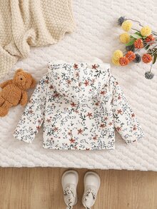 SHEIN Vintaside Kids 女嬰連帽拉鍊外套，滿版花卉印花配標籤裝飾，厚抓絨內裡，適合戶外出遊，秋冬米色牛仔女孩風 - 彩色 - 查看 2