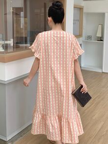 Dazy Plus Camisón de mujer de talla grande, manga corta, holgado y casual, con estampado floral, encaje de contraste y bajo con volantes, para primavera y verano - Naranja - Ver 7