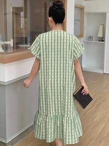 Dazy Plus Gaun Tidur Wanita Ukuran Besar Lengan Pendek Longgar Kasual dengan Motif Bunga dan Hiasan Renda Kontras, Musim Semi/Panas - Mint Green - View 5