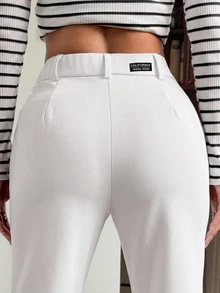 SHEIN EZwear 女款 95% 棉 純黑色前開扣休閒修身喇叭褲 - 全季適用 - 白色 - 查看 6