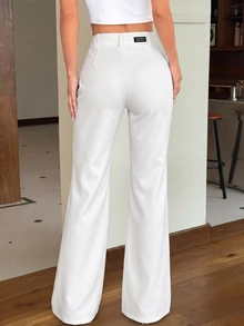 SHEIN EZwear 女款 95% 棉 純黑色前開扣休閒修身喇叭褲 - 全季適用 - 白色 - 查看 2