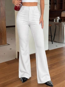 SHEIN EZwear 女款 95% 棉 純黑色前開扣休閒修身喇叭褲 - 全季適用 - 白色 - 查看 5