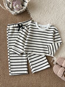 SHEIN Baby Girls Long Sleeve Set 0-3 Years Autumn/Winter White Sweet Bowknot Embellished Cute Elegant Style Round Neck Pullover Top Knit Long Pants Set - Black and White - View 4